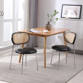 Dining Room Chairs, Modern Industrial Upholstered Chairs Mid Century Leisure Chair with Rattan Backrest for Kitchen Living Room Wine Bar (Set of 2) (Material: PU, Color: Black)